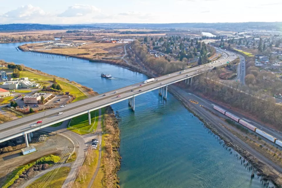 Aerial view of Snohomish River and I-5 bridge in Everett, Washington.